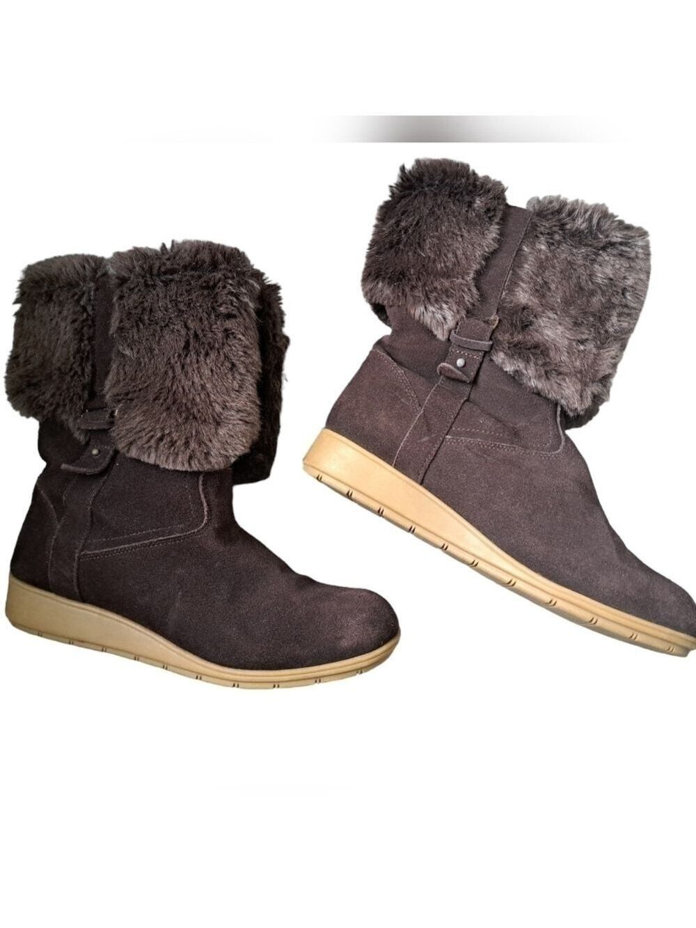LAND'S END brown suede winter boots booties Faux fur lined wide cuff Ladies 7B
